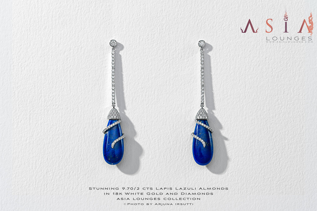 9.70/2 cts Lapis Lazuli Almonds in 18k White Gold and Diamonds Earrings