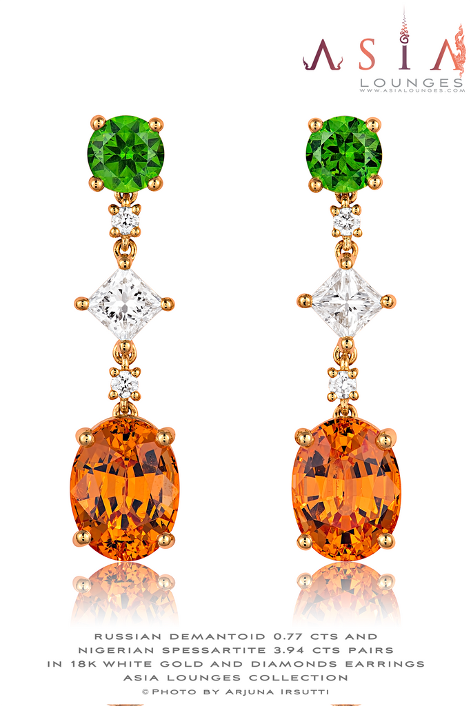 Russian Demantoids and Nigerian Spessartite Garnet pairs in 18k Yellow Gold and Diamond Earrings - Asia Lounges