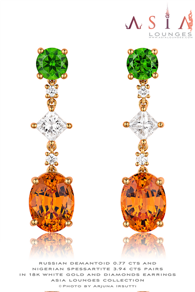 Russian Demantoids and Nigerian Spessartite Garnet pairs in 18k Yellow Gold and Diamond Earrings - Asia Lounges