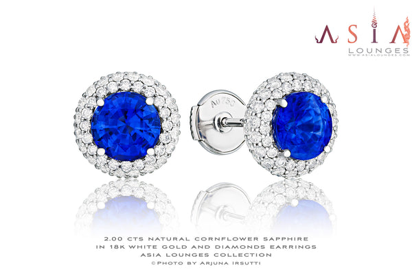 2cts Natural Blue Sapphire Earrings in 18k White Gold and Diamonds - Asia Lounges