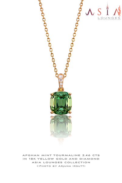 Afghan Mint Green Tourmaline 2.46 cts in 18k Yellow Gold and Diamond Pendant - Asia Lounges