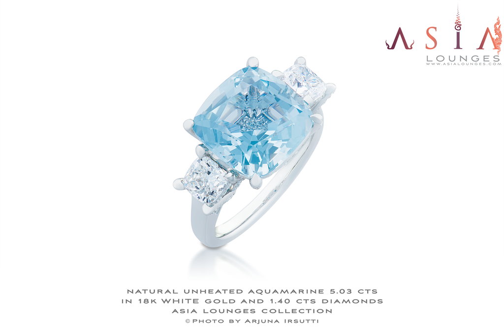 Stunning Aquamarine 5.03 cts and Diamonds 1.40 cts in 18k White Gold Engagement Ring - Asia Lounges