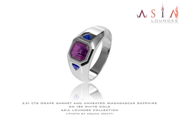 2.31 cts Grape Garnet & unheated Madagascar Sapphires on 18 k White gold ring - Asia Lounges