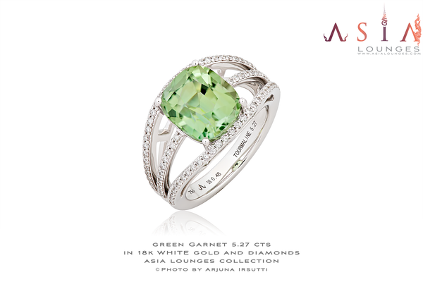 Lovely Lime Green 5.27cts Congo Tourmaline in 18k White Gold and Diamonds Ring - Asia Lounges