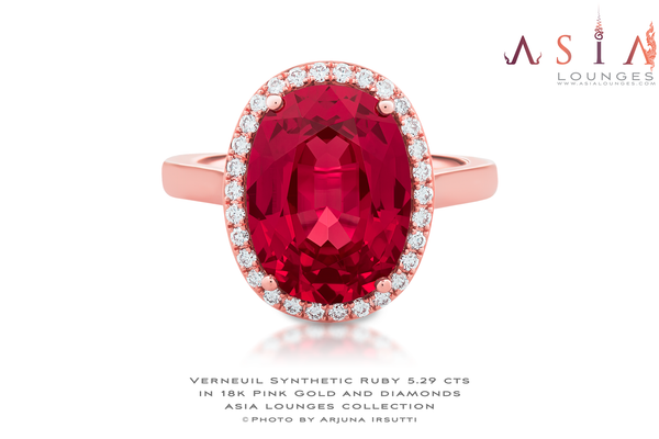 Verneuil Synthetic Ruby 5.29 cts in 18k Pink Gold and Diamonds Engagement Ring - Asia Lounges