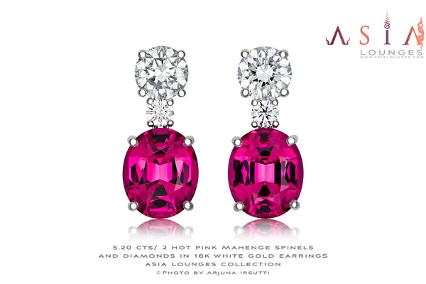 Hot Pink 5.20 cts / 2 Mahenge Spinels in 18k White Gold and Diamonds "Time Bender" Earrings