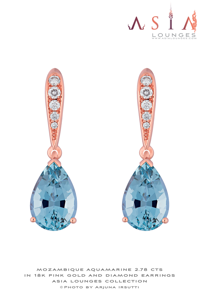 Madagascar Natural Aquamarine Set In 18k Pink Gold And Diamonds Earring - Asia Lounges
