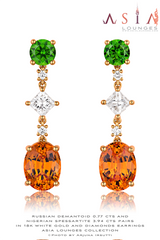 Russian Demantoids and Nigerian Spessartite Garnet pairs in 18k Yellow Gold and Diamond Earrings