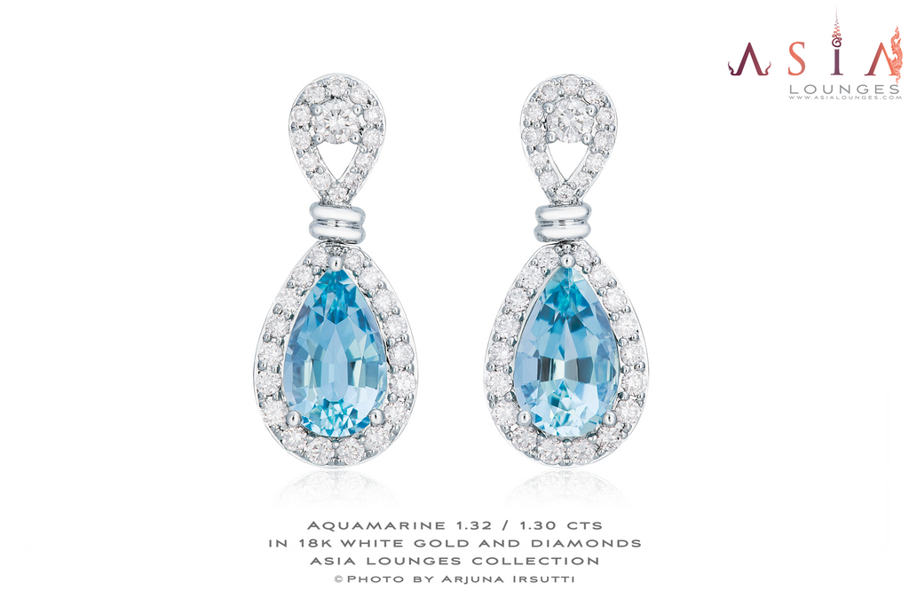 Classic Aquamarine 1.32 / 1.30 cts in 18k White Gold and Diamonds Earrings - Asia Lounges