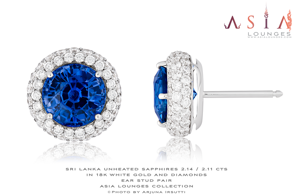 Delicious Pair of Ceylonese Natural, Unheated, Cornflower Blue Sapphires in 18k White Gold and Diamonds - Asia Lounges