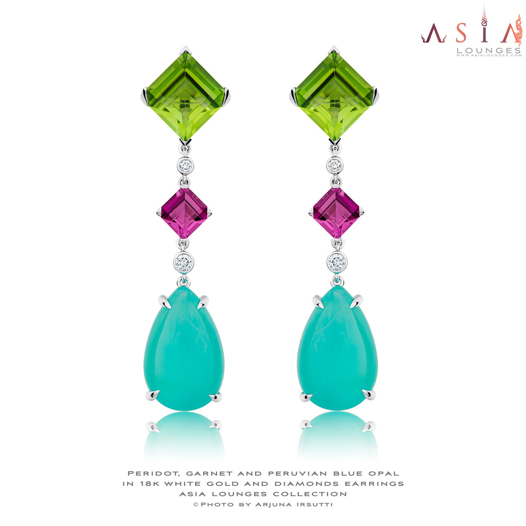 Delicious Candy Collection Earrings Featuring Peruvian Blue Opals, Peridots and Garnets in 18k White Gold and Diamonds - Asia Lounges