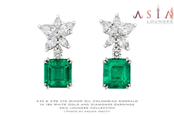 3.23 and 2.96 cts Minor Oil Colombian Emeralds in 18k White Gold and Diamonds - Asia Lounges