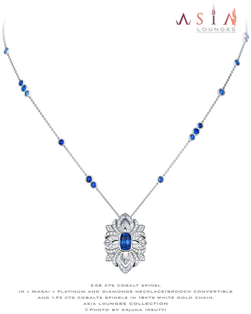 Stellar Tanzanian Cobalt Spinel in Platinum and Diamonds "Massai" Brooch / Necklace Convertible - Asia Lounges