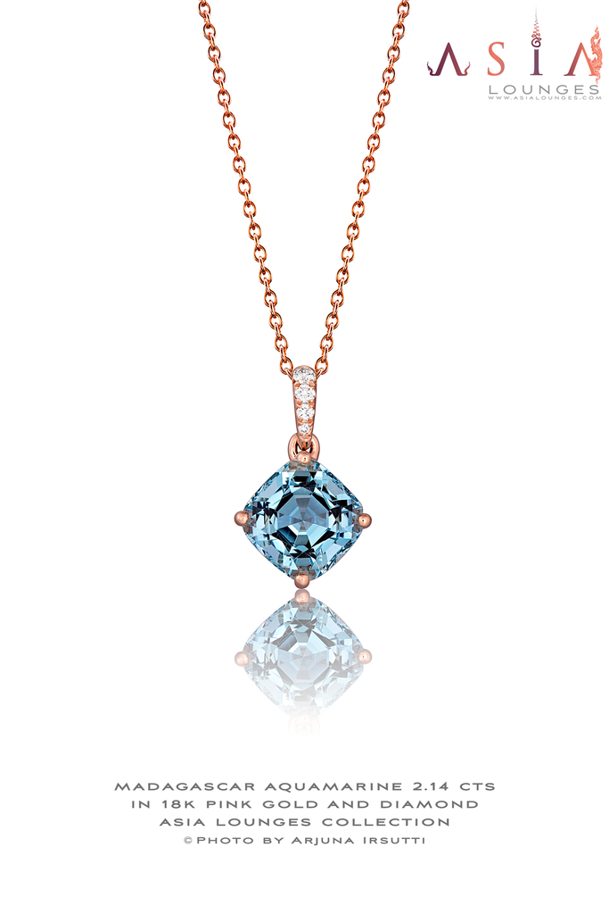 Madagascar Aquamarine Cushion 2.14 cts  18k Pink Gold and Diamond Pendant - Asia Lounges