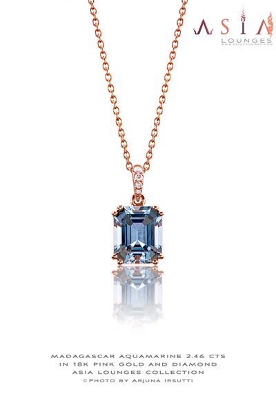 Natural Madagascar Blue Aquamarine Set in 18K Pink Gold and Diamond Pendant - Asia Lounges