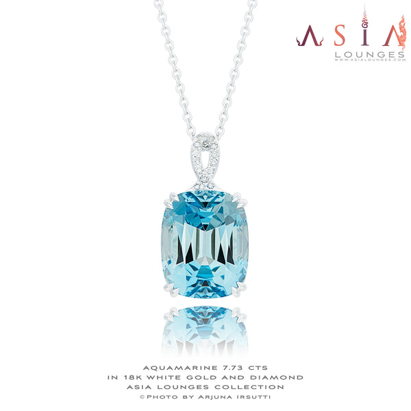 Stunning Vivid Blue 7.73 cts Aquamarine in 18k White Gold and Diamonds Pendant - Asia Lounges
