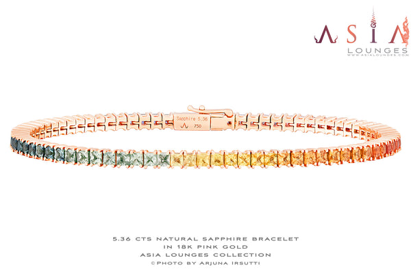 Delicious 5.36 cts Natural Rainbow Princess Cut Sapphires in 18k Pink Gold Bracelet