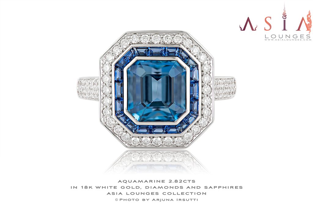 Superb ArtDeco Aquamarine and Sapphire Set in 18k White Gold and Diamonds - Asia Lounges