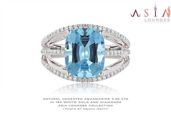 Natural Unheated Madagascar 5.30 cts Aquamarine and Diamonds in 18k White Gold Ring - Asia Lounges