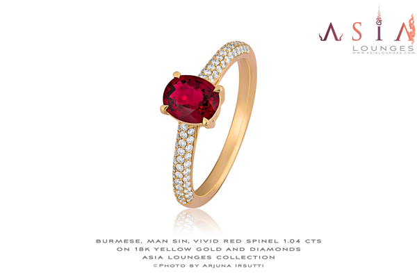 Vivid Red Burmese, Man Sin, Spinel Ring on 18k Yellow Gold and Diamonds - Asia Lounges