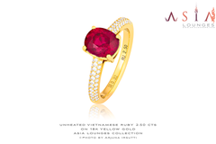 Vivid Red Unheated Vietnamese Ruby in 18k Yellow Gold and Diamond ring