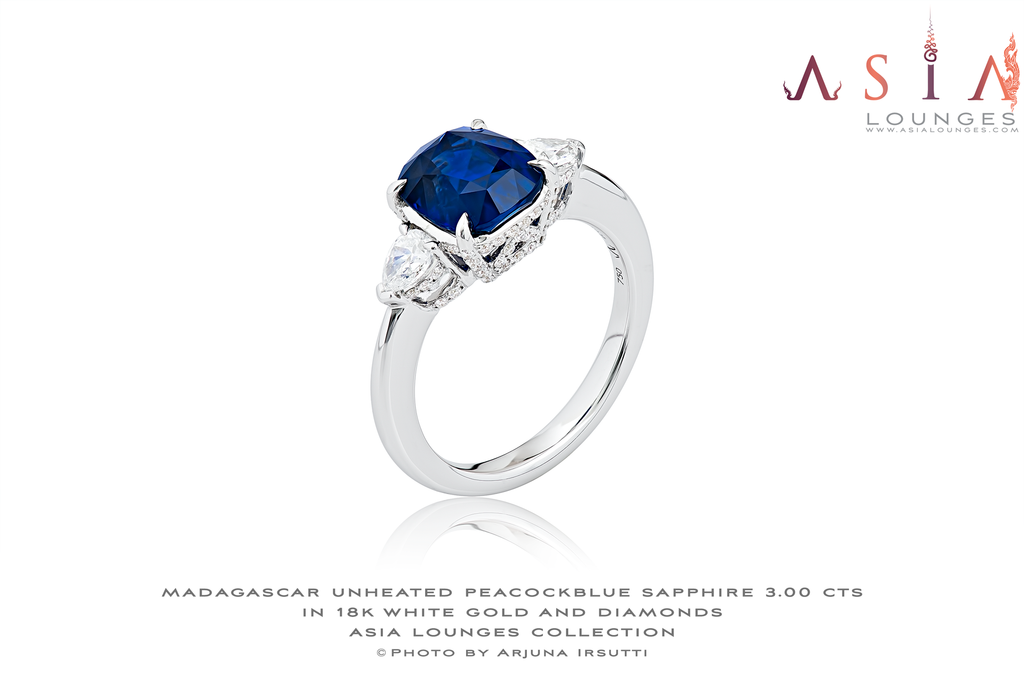 Stunning 3 cts Unheated, Untreated Peacock Blue Sapphire in 18k White Gold and Diamond Ring - Asia Lounges
