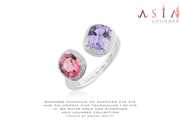 Twin Headed 18k White gold ring featuring Burmese CC Vanadium Sapphire and Californian Pink Tourmaline - Asia Lounges
