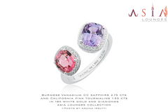 Twin Headed 18k White gold ring featuring Burmese CC Vanadium Sapphire and Californian Pink Tourmaline