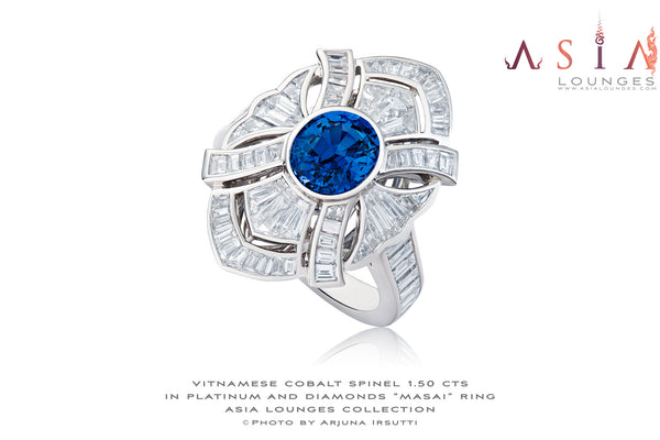 Stunning and wild 1.50 cts Vietnamese Cobalt Spinel in "Masai" platinum and diamonds ring - Asia Lounges