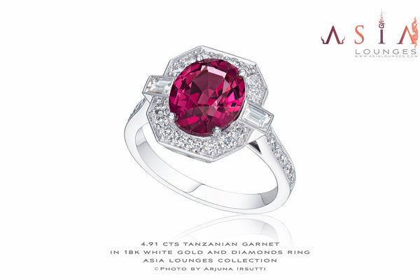 Delicious 4,91 cts Tanzanian Garnet in 18k White Gold and Diamonds Art Deco Ring - Asia Lounges