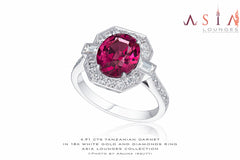 Delicious 4,91 cts Tanzanian Garnet in 18k White Gold and Diamonds Art Deco Ring