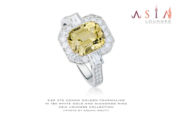 Delicious 3.60 cts Yellow Congo Tourmaline in elegant 18k white gold and diamonds Art Deco Ring - Asia Lounges