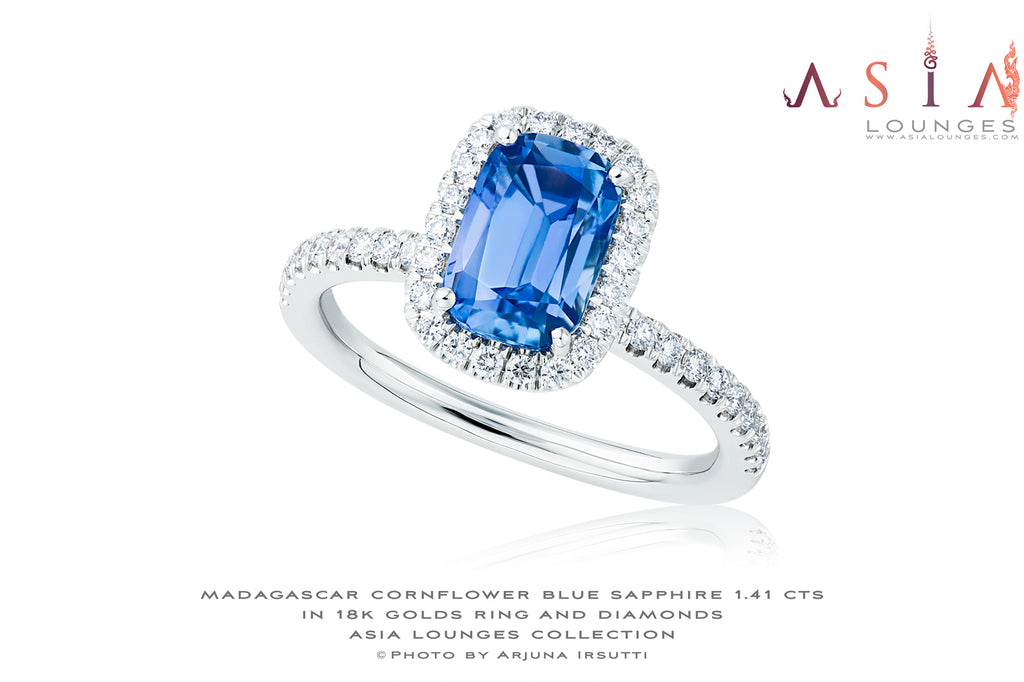 Unheated Untreated 1.41 cts Cornflower Blue Sapphire in 18k Gold and Diamond "Lovers' Promise" Ring - Asia Lounges
