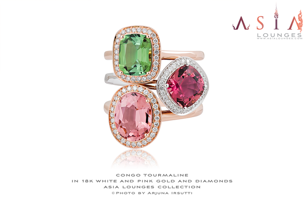 Superb Triptique of Stacking Tourmalines 18k White and Pink Gold and Diamond Rings - Asia Lounges
