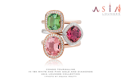 Superb Triptique of Stacking Tourmalines 18k White and Pink Gold and Diamond Rings