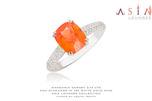 Stunning Tanzanian Mandarin Garnet Set in 18k White Gold and Diamonds Ring - Asia Lounges